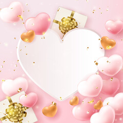 3D pink love heart and present gift box with golden ribbon flower