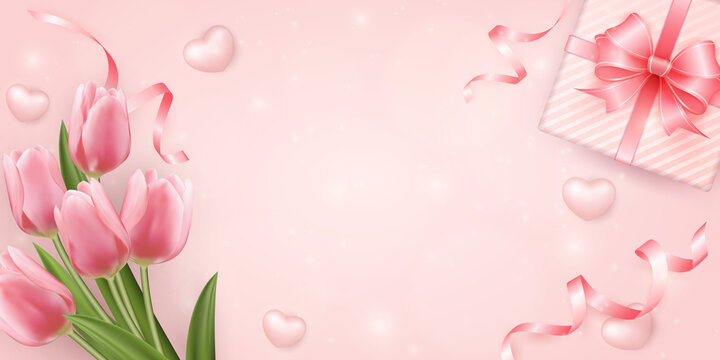 botanic garden pink tulip flower love heart and present gift box with ribbon flower