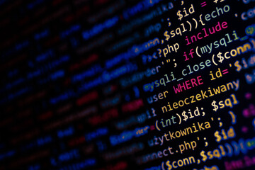Web software development background. Real programmer monitor and screen. Technology php coding...