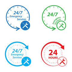 Emergency services 24 hours icon set. Clock, screwdriver and wrench logo. Badge, time, customer, open, assistance, delivery. Vector illustration.