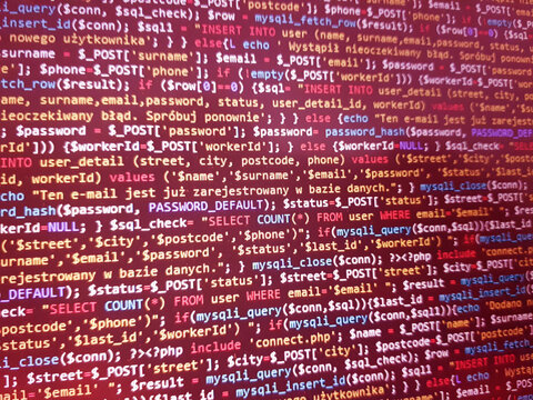 Coding programming source code screen. Abstract technology background. Cyber attack or security concept. Hacker monitor program. Software development