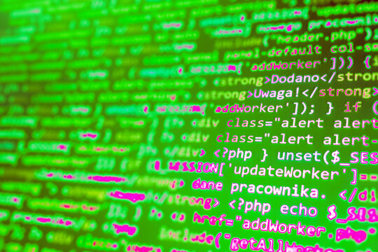 Abstract screen code background. Technology development concept texture. PHP program languages