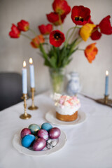 Festive breakfast with easter eggs on white background