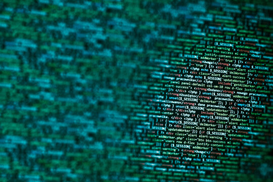 Abstract screen code background. Technology development concept texture. PHP program languages