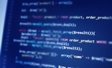Software development monitor screen background. Developer display with source code. Programming...