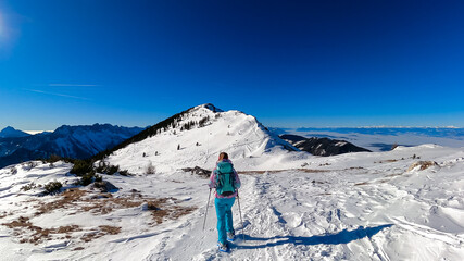 Active woman snow shoe hiking on a trail with scenic view on snow capped mountain peaks of...