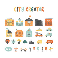 Fototapeta premium City creator with houses, cars, animals, trees, road signs and etc.