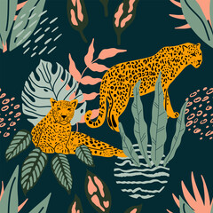 Wild Animals and tropical leaves. Leopards in the jungle.