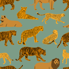 Modern seamless pattern with wild animals. Tiger, lion, leopard, and cheetah on a green background.