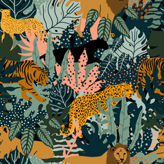 Wild Animals and tropical leaves. Tiger, lion, cheetah, panther in the jungle.