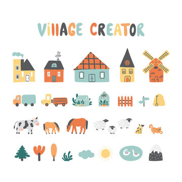 Village creator with houses, cars, animals, trees, mill, greenhouse and etc. 