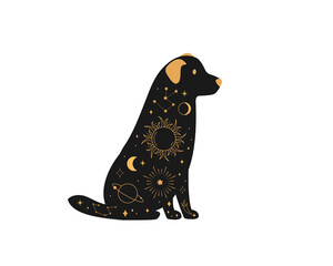 Black magical dog, Mystic crescent moon esoteric symbol, constellation elements.