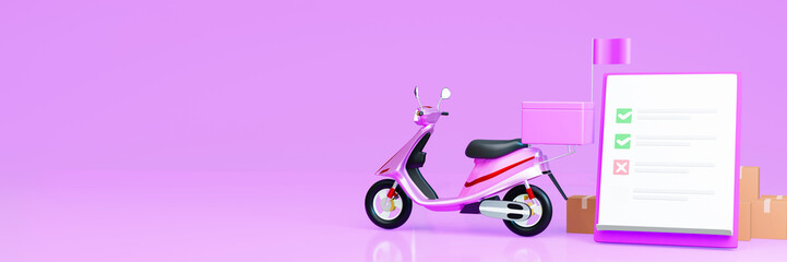Concept of parcel delivery, post office, parcel box with motorcycle. White questionnaire with checklist or to-do list. White clipboard with a checklist on pink pastel . 3D Rendering