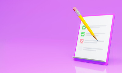 White questionnaire with checklist or to do list. White clipboard with a checklist on pink pastel background. golden or yellow pencil. 3D rendering