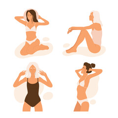 Resting young women on the beach Set. Tanning girls in swimsuits in different poses sitting on the sand. Summer vacation aesthetic collection. Vector illustration cartoon style. Isolated background