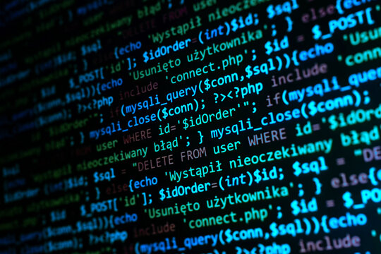Software development pattern. Programmer monitor with php language code. Closeup tablet screen technology background
