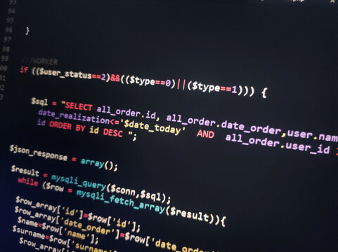 Coding programming source code screen. Abstract technology background. Cyber attack or security concept. Hacker monitor program. Software development