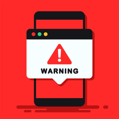 Mobile phone warning sign. Smartphone notification, exclamation mark. Vector illustration - obrazy, fototapety, plakaty