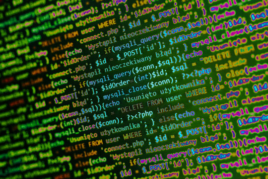 Software development pattern. Programmer monitor with php language code. Closeup tablet screen technology background