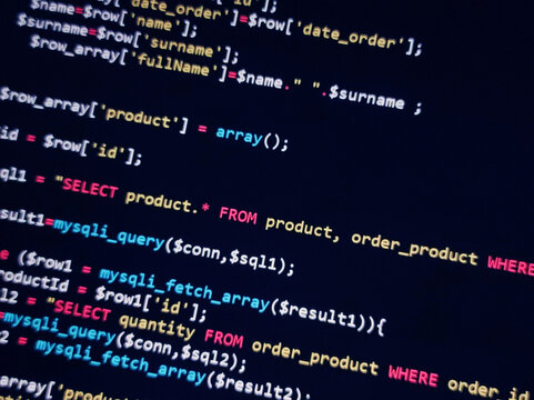 Coding programming source code screen. Abstract technology background. Cyber attack or security concept. Hacker monitor program. Software development