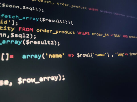Coding programming source code screen. Abstract technology background. Cyber attack or security concept. Hacker monitor program. Software development