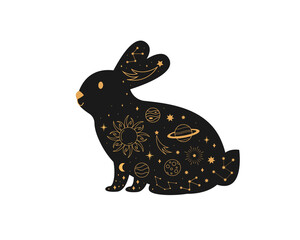 Black magical bunny rabbits, Mystic crescent moon esoteric symbol