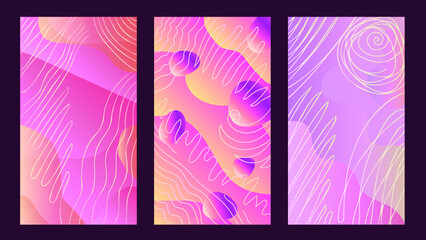 Social media vector poster backgrounds set. Collection of pink and purple abstract backgrounds with white lines and strokes. Blank space for your text, copy space.