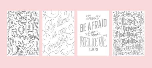 Set of Christian religious coloring pages for children and adults. Bible verses.Emotional support during crisis times. Printable lettering illustration, modern typography. Adult coloring, hobby
