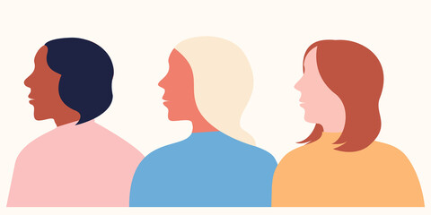 multiracial different women unite together for minority rights. Flat vector. portrait of girls in colorful clothes with beautiful hair. International Women's Day.