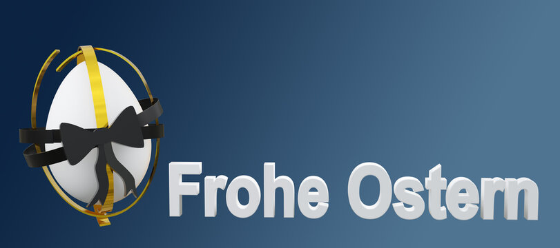 Abstraktes Osterei mit Schleife und Text in Deutsch (Frohe Ostern) mit blauem Hintergrund. 3d Rendering