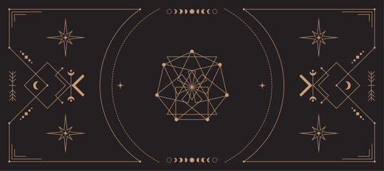 Celestial background with a copy space. Mystical poster with an ornate geometric frame, outline stars and moon phases. Esoteric backdrop - obrazy, fototapety, plakaty