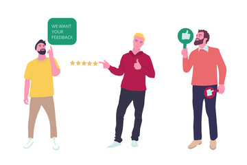 People give review rating and feedback. Men holding in hands  positive, negative and approve signs, rating Icons. Customer choice. Hand drawn colored vector flat illustration