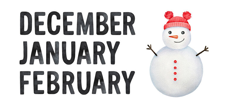 Watercolour illustration collection of three winter months lettering: December, January and February, decorated with funny snowman. Hand painted sketchy drawing, cut out clipart element for design.