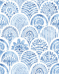 Seamless moroccan pattern. Seigaiha vintage tile. Blue and white watercolor ornament painted with paint on paper. Wavy print for textiles in Japanese style. Set grunge texture. Vector illustration. - 496527216