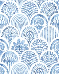 Foto auf Acrylglas Nahtloses marokkanisches Muster. Seigaiha-Vintage-Fliese. Blaue und weiße Aquarellverzierung, die mit Farbe auf Papier gemalt wird. Wellendruck für Textilien im japanischen Stil. Legen Sie die Grunge-Textur fest. Vektor-Illustration. © flovie