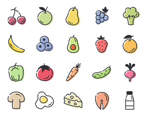 Cute food icon set. Line art design.