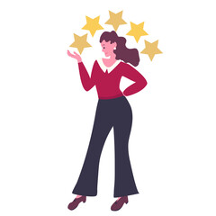 Girl give review rating and feedback. Women holding in hands stars rating Icons. Customer choice. Hand drawn colored vector flat illustration