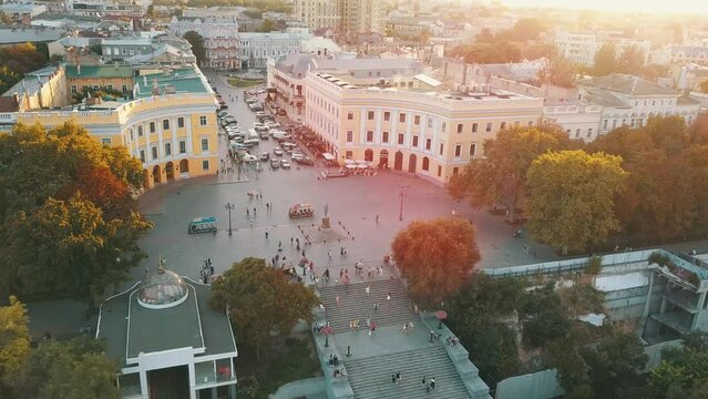 Potemkin Stairs in the city of Odessa. Above the stairs is a monument to Duke. Right and left seaside boulevard