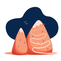 Landscape with flag on the mountain. Success concept illustration. Overcoming difficulties. A peak with snowy peaks. Vector stock illustration.