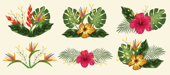 Set design element with tropical flowers hibiscus, heliconia and strelitzia, leaves palm and monstera. Vector on a light background - obrazy, fototapety, plakaty