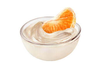 Yougurt with mandarin slice watercolor illustration isolated on white background