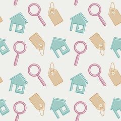 Real estate house for sale seamless pattern, colorful mortgage rental apartment endless background template, realtor price tag repetitive vector illustration design, repeat doodle style wallpaper