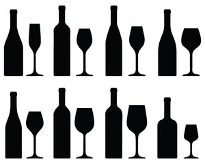Black silhouettes of wine bottles and glasses on a white background	