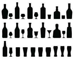 Black silhouettes of spirits and beer bottles and glasses on a white background	
