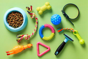 Pet accessories, bowl of dry feed, toys. Top view, flat lay.