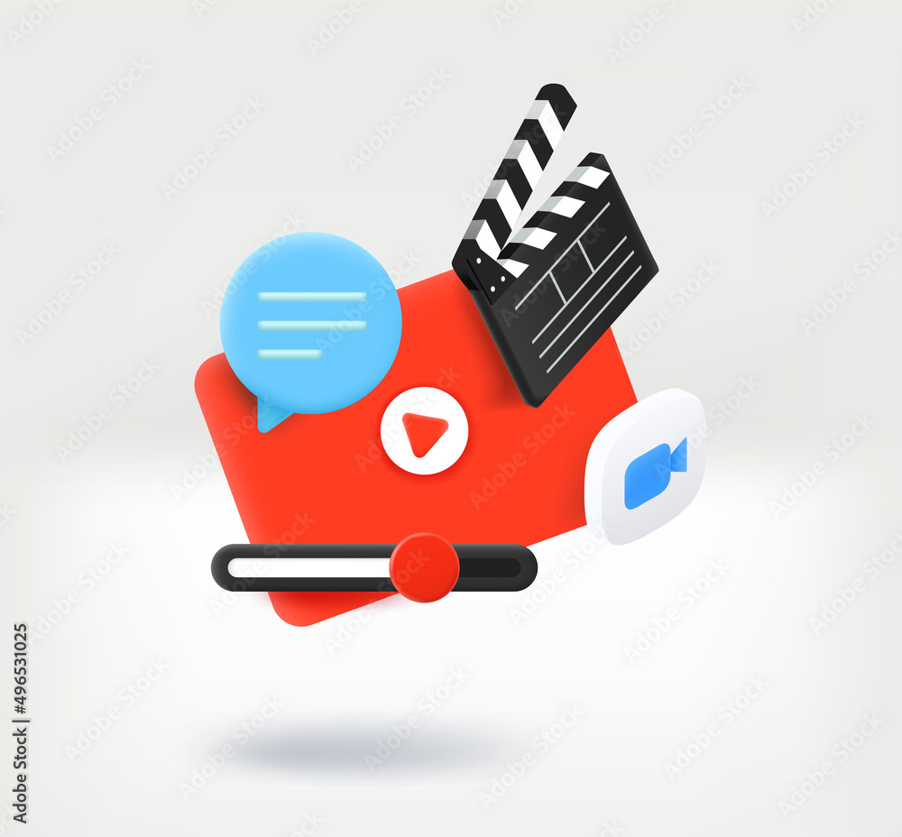 Poster making video project concept with clap, movie player, chat cloud and camera icon. 3d vector illustra
