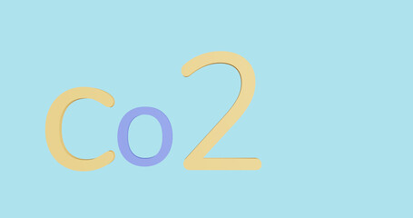 Render with beige and purple CO 2 lettering on blue