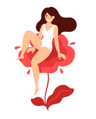 Woman sitting on red flower. Girl having menstrual period, menstruation, premenstrual syndrome, PMS, female reproductive system. Concept vector illustration.