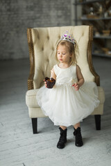 young princess celebrates her birthday. blows out the candle on the cake