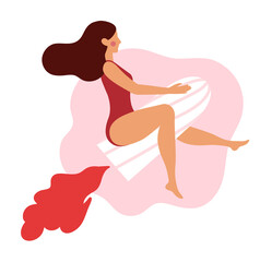 Fototapeta na wymiar Woman flying on big tampon. Girl having menstrual period, menstruation, premenstrual syndrome, PMS, female reproductive system. Active life concept. Vector illustration.
